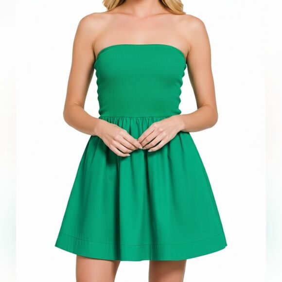 Zenana Outfitters Dresses & Skirts - Zenana Combined Knit Tube Top Flare Mini Dress Strapless Green Dress sz Large